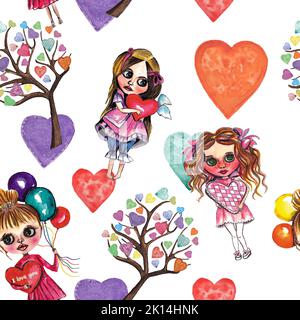 Hand drawn watercolor Valentines vintage seamless pattern with hearts,dolls, ballons and trees.Valentines day ,wedding, birthday patterns Stock Photo