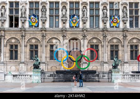 Olympic Rings for the Paris 2024 Olympics at the Hotel De Ville in Paris, France, Europe Stock Photo