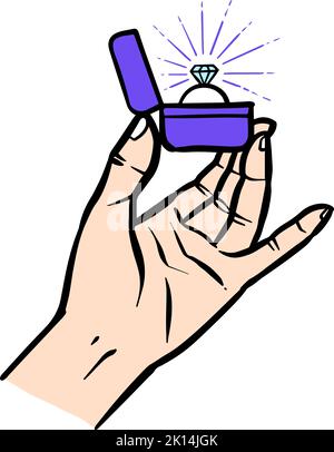 Color hand holding diamond ring box Stock Vector