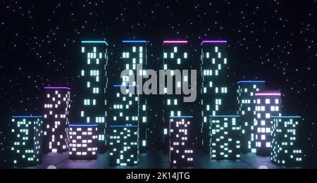 neon colored glowing city in the night with stars, 3d render Stock Photo