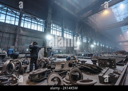 Metallurgical plant. Industrial steel production. Interior of metallurgical workshop. Stock Photo