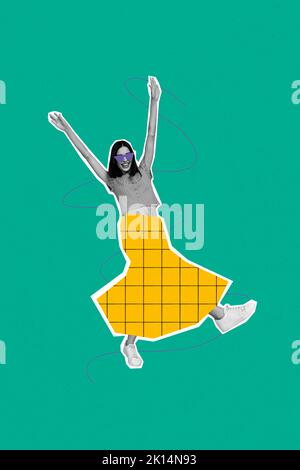 Vertical creative collage image of funky funny cool young positive happy woman raise hands dancing have fun enjoy party disco festival Stock Photo