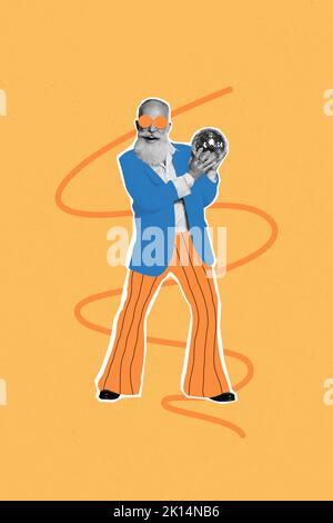 Composite collage picture image of fancy retired energetic man hold glittering disco ball enjoy party event prom holiday festive sunglass Stock Photo