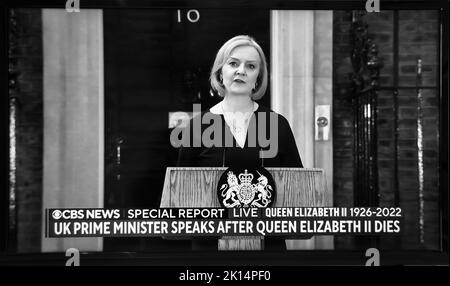 A U.S. television screenshot of CBS News coverage of the death of British Queen Elizabeth and statements by UK Prime Minister Liz Truss. Stock Photo