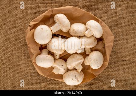 Several aromatic organic mushrooms with paper bag on jute cloth, close-up, top view. Stock Photo