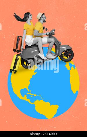 Exclusive minimal magazine sketch collage of couple tourists celebrate honeymoon abroad riding scooter suitcases mini planet earth travel Stock Photo
