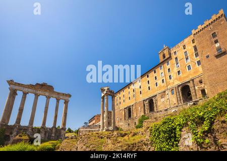 The Temple of Saturn with The Tabularium along with The Temple of Vespasian and Titus in The Roman Forum (latin name Forum Romanum), Rome, Italy, Euro Stock Photo