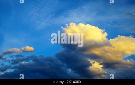 Isolated fluffy cloudscape background, blue summer sky, white towering cumulus congestus storm clouds Stock Photo