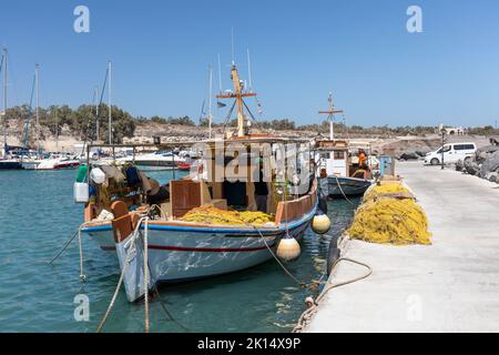Close up of a traditional Greek fishing boat in Vlichada marina / port, Santorini, Cyclades islands, Greece, Europe Stock Photo