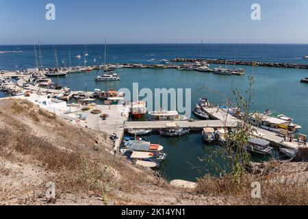 Fishing Boats in Vlichada marina / port, Santorini, Cyclades islands, Greece, Europe Stock Photo