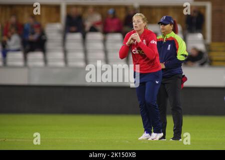 Chester le Street, England, 10 September 2022. Sophie Ecclestone bowling for England Women against India Women in the First Vitality IT20 at the Seat Unique Riverside, Chester le Street. Credit: Colin Edwards Stock Photo