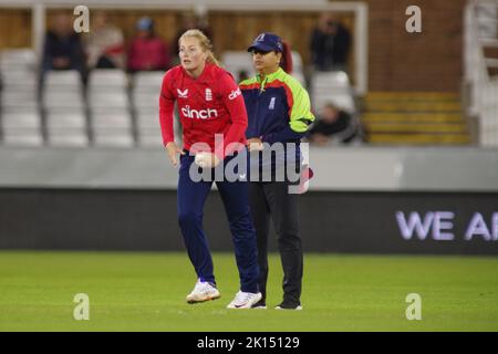 Chester le Street, England, 10 September 2022. Sophie Ecclestone bowling for England Women against India Women in the First Vitality IT20 at the Seat Unique Riverside, Chester le Street. Credit: Colin Edwards Stock Photo