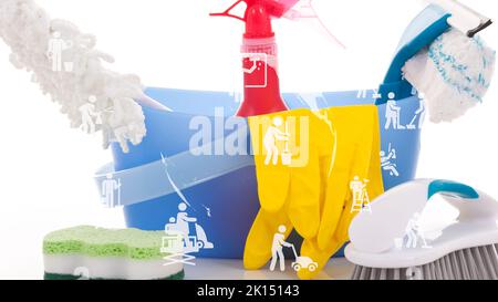 Plastic bucket with cleaning supplies on white background Stock Photo