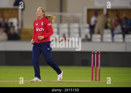 Chester le Street, England, 10 September 2022. Sophie Ecclestone bowling for England Women against India Women in the First Vitality IT20 at the Seat Unique Riverside, Chester le Street. Credit: Colin Edwards Stock Photo