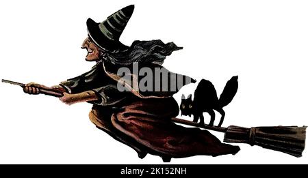 A vintage cut-0ut image of a witch riding her broomstick through the air with a cat clinging on behind. Stock Photo