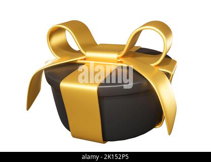 Realistic 3D Gift Black Box and Gold Bow on white. Stock Photo