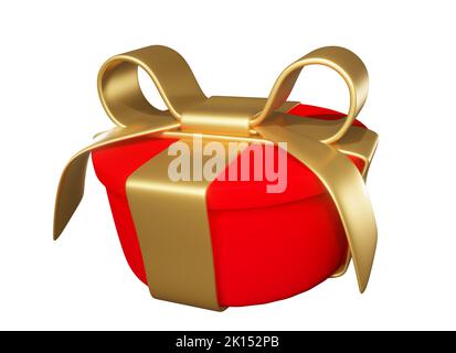 Realistic 3D Gift Red Box and Gold Bow on white. Stock Photo