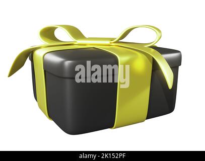 Realistic 3D Gift Black Box and Yellow Bow on White. Stock Photo