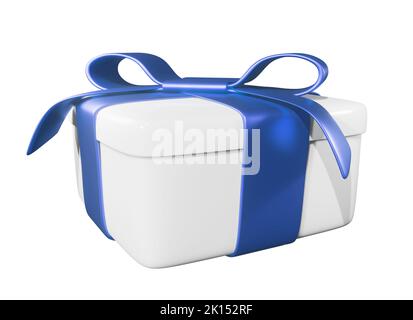 Realistic 3D Gift White Box and Blue Bow on white. Stock Photo