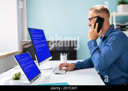 BSOD Blue Screen. Death Error On PC Computer. Service Call Center Contact Stock Photo
