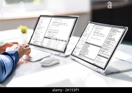 Work From Home On Multiple Computer Screen Stock Photo
