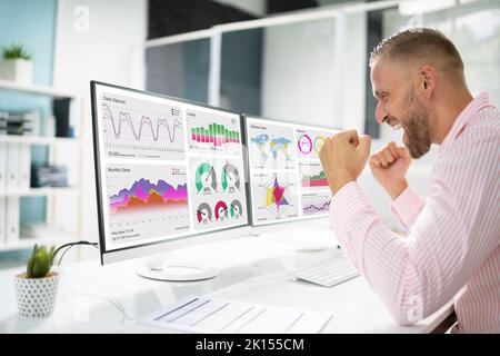 Excited Business Analyst Using Data Dashboard On Computer And Celebrating Win Stock Photo