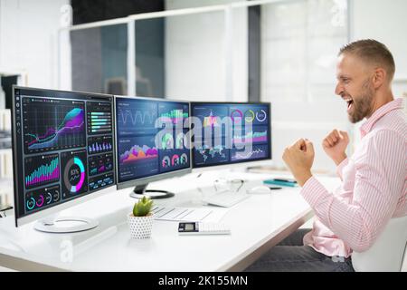 Excited Business Analyst Using Data Dashboard On Computer And Celebrating Win Stock Photo