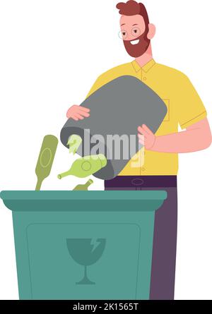 Man sorting trash. Person throwing glass waste in can isolated on white background Stock Vector
