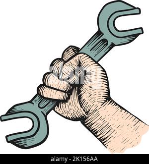 Color hand holding spanner wrench wood engraving drawing Stock Vector