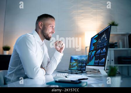 Excited Business Analyst Using Data Dashboard On Computer And Celebrating Win Stock Photo