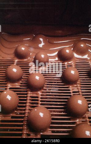 Truffles move on a conveyor to a machine for pouring liquid chocolate on them. Stock Photo