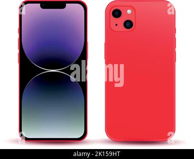 Red smartphone, model phone 14, IT industry novelty, original wallpaper, mockup for web design on a white background - Vector illustration Stock Vector