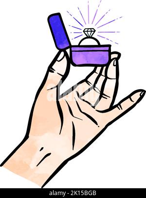 Watercolor style hand holding diamond ring box Stock Vector