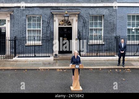 Newly elected Tory leader and British Prime Minister Liz Truss delivers her first speech at Downing Street this afternoon, after meeting the Queen at Stock Photo