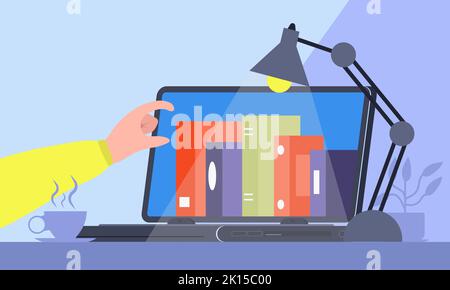 Electronic library on a laptop online. Education and learning from books at home. Internet literature and learn through the screen. Web knowledge and Stock Vector