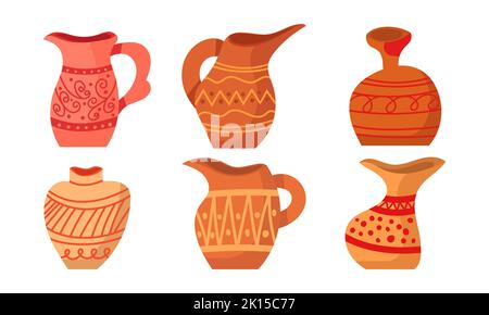 Rustic clay pottery set and brown pot or jug with pattern decorations. Collection of old handmade utensils and ceramic Greek objects. Jug shape and vi Stock Vector