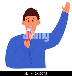 Reporter man with a microphone gives an interview. Broadcast journalist icon isolated on white background. Television and people talking on live broad Stock Vector