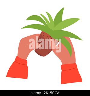 Hands holding a plant with leaves isolated on white background. Ecology environment concept vector illustration. Growth the garden and the care of agr Stock Vector