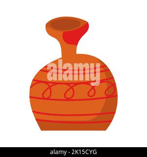 Rustic clay pottery and brown pot or jug with pattern decorations. Old handmade utensil and ceramic Greek object. Jug shape and vintage earthenware ic Stock Vector