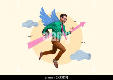 Poster collage of guy manager feel inspired fly with birds wings on painted drawing sky background Stock Photo