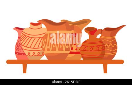 Rustic clay pottery set and brown pot or jug with pattern decorations. Collection of old handmade utensils and ceramic Greek objects. Jug shape and vi Stock Vector