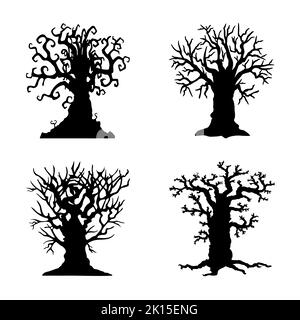 Spooky Halloween Tree Silhouette Styles Vector Illustration Icon Set Stock Vector