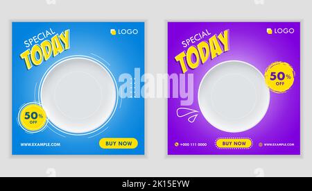 Food Social Media Post Set Plate Vector Poster Restaurant Business Template Stock Vector