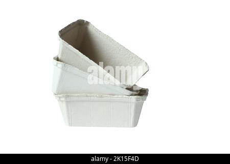 Biodegradable food trays made from pressed cardboard isolated on white background. Closeup Stock Photo