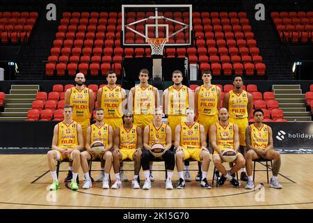 Up L-R, Oostende's Pierre-Antoine Gillet, Oostende's Servaas Buysschaert, Oostende's Jelle Waleson, Oostende's assistant coach Gaelle Bouzin, Oostende's head coach Dario Gjergja, Oostende's assistant coach Thierry Declercq, Oostende's Haris Bratanovi, Oostende's Xander Pintelon, Oostende's TreShawn Thurman, (down L-R) Oostende's Vrenz Bleijenbergh, Oostende's Simon Buysse, Oostende's Breein Tyree, Oostende's Keye van der Vurst de Vries, Oostende's Olivier Troisfontaines, Oostende's Dusan Djordjevic and Oostende's Salim Kediambiko pose at a photoshoot of Belgian Basketball team Filou Oostende, Stock Photo