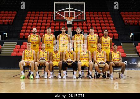 Up L-R, Oostende's Pierre-Antoine Gillet, Oostende's Servaas Buysschaert, Oostende's Jelle Waleson, Oostende's assistant coach Gaelle Bouzin, Oostende's head coach Dario Gjergja, Oostende's assistant coach Thierry Declercq, Oostende's Haris Bratanovi, Oostende's Xander Pintelon, Oostende's TreShawn Thurman, (down L-R) Oostende's Vrenz Bleijenbergh, Oostende's Simon Buysse, Oostende's Breein Tyree, Oostende's Keye van der Vurst de Vries, Oostende's Olivier Troisfontaines, Oostende's Dusan Djordjevic and Oostende's Salim Kediambiko pose at a photoshoot of Belgian Basketball team Filou Oostende, Stock Photo