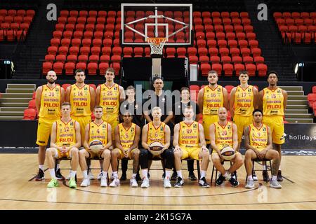 Up L-R, Oostende's Pierre-Antoine Gillet, Oostende's Servaas Buysschaert, Oostende's Jelle Waleson, Oostende's assistant coach Gaelle Bouzin, Oostende's head coach Dario Gjergja, Oostende's assistant coach Thierry Declercq, Oostende's Haris Bratanovi, Oostende's Xander Pintelon, Oostende's TreShawn Thurman, (down L-R) Oostende's Vrenz Bleijenbergh, Oostende's Simon Buysse, Oostende's Breein Tyree, Oostende's Keye van der Vurst de Vries, Oostende's Olivier Troisfontaines, Oostende's Dusan Djordjevic and Oostende's Salim Kediambiko pose at a photoshoot of Belgian Basketball team Filou Oostende, Stock Photo