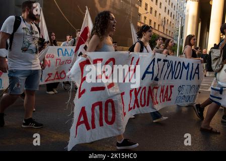 Athens, Greece. 15th Sep, 2022. Protesters hold banners and shout slogans against the government. Thousands, members and supporters of PAME(All-Workers Militant Front), the workers' union affiliated with the greek communist party, took to the streets protesting over the rising cost of living and low wages. (Credit Image: © Nikolas Georgiou/ZUMA Press Wire) Stock Photo