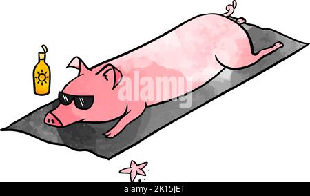 Watercolor style pig laying at the beach hand drawn Stock Vector
