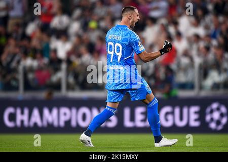 Turin, Italy. 14 September 2022. Odysseas Vlachodimos of SL Benfica celebrates during the UEFA Champions League football match between Juventus FC and SL Benfica. Credit: Nicolò Campo/Alamy Live News Stock Photo